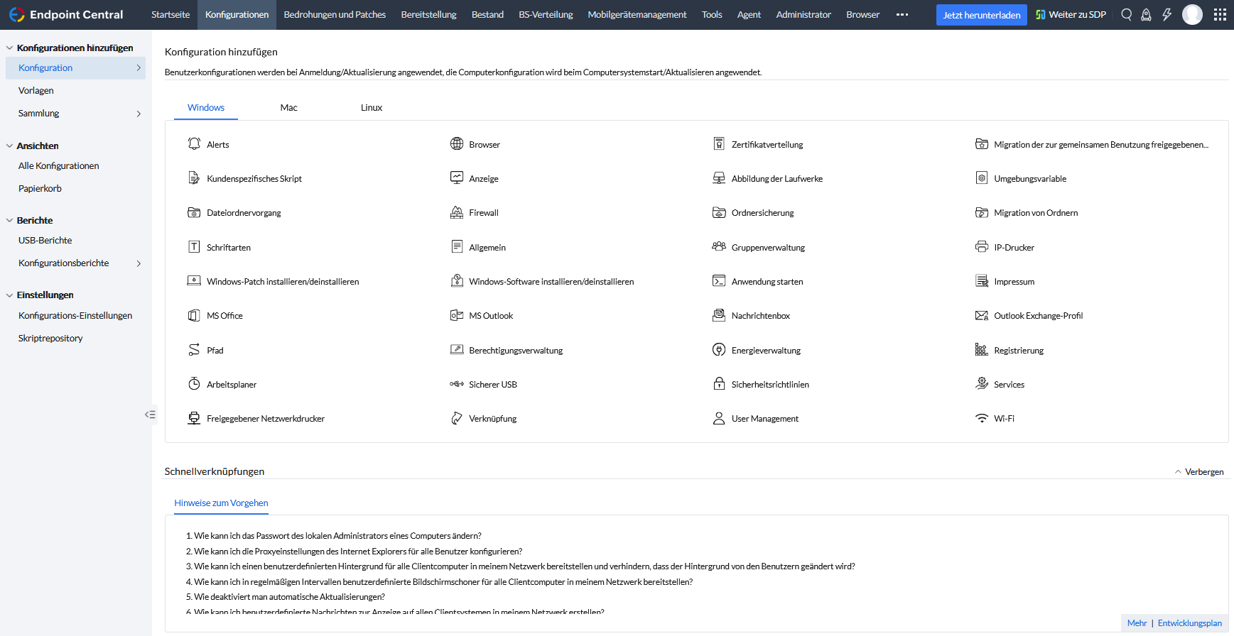 Screenshot Endpoint Central: Angebot an Konfigurationsvorlagen