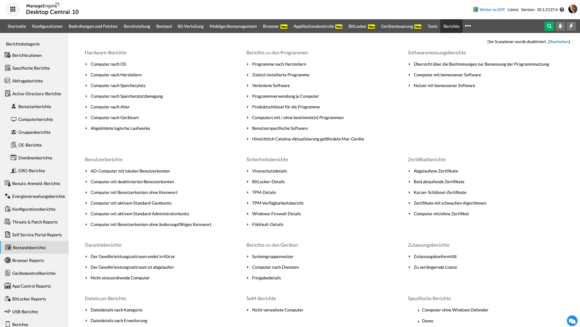 Screenshot Desktop Central: Zahlreiche vordefinierte Berichtvorlagen stehen zur Auswahl