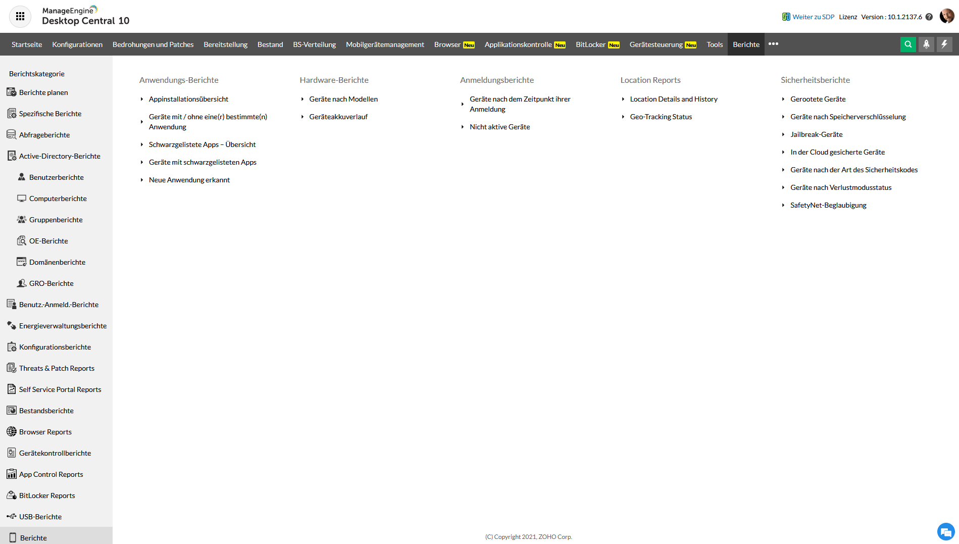 Screenshot Endpoint Central: Berichte und Auswertungen über die mobilen Endgeräte im Unternehmen Screenshot Endpoint Central: Berichte und Auswertungen über die mobilen Endgeräte im Unternehmen