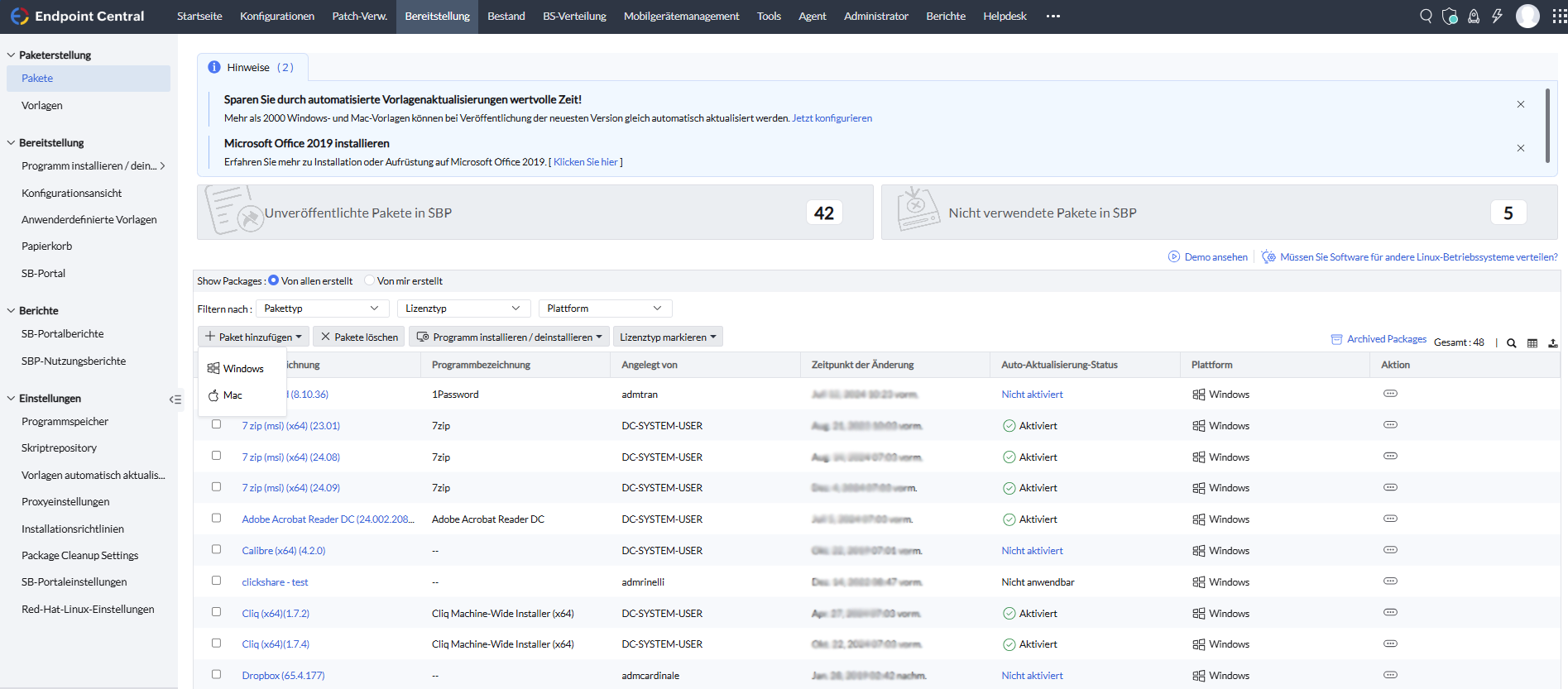 Screenshot Endpoint Central: Softwareverteilung und -Bereitstellung