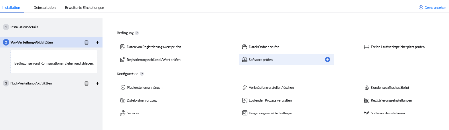 Screenshot Endpoint Central: Vor-Verteilungs-Aktivitäten für Software-Pakete 