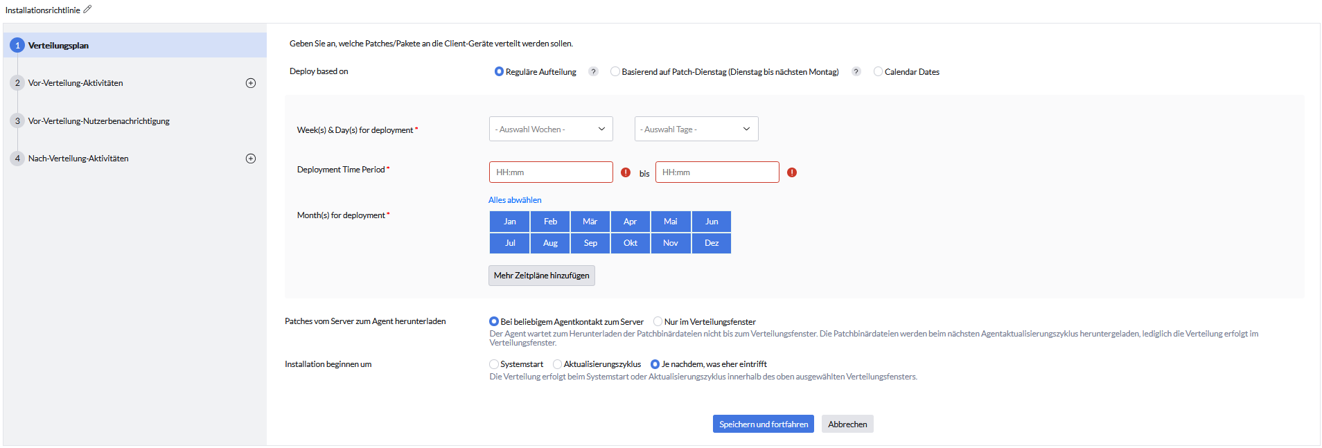 Screenshot Endpoint Central: Installationsrichtlinie mit Zeitfenster erstellen 