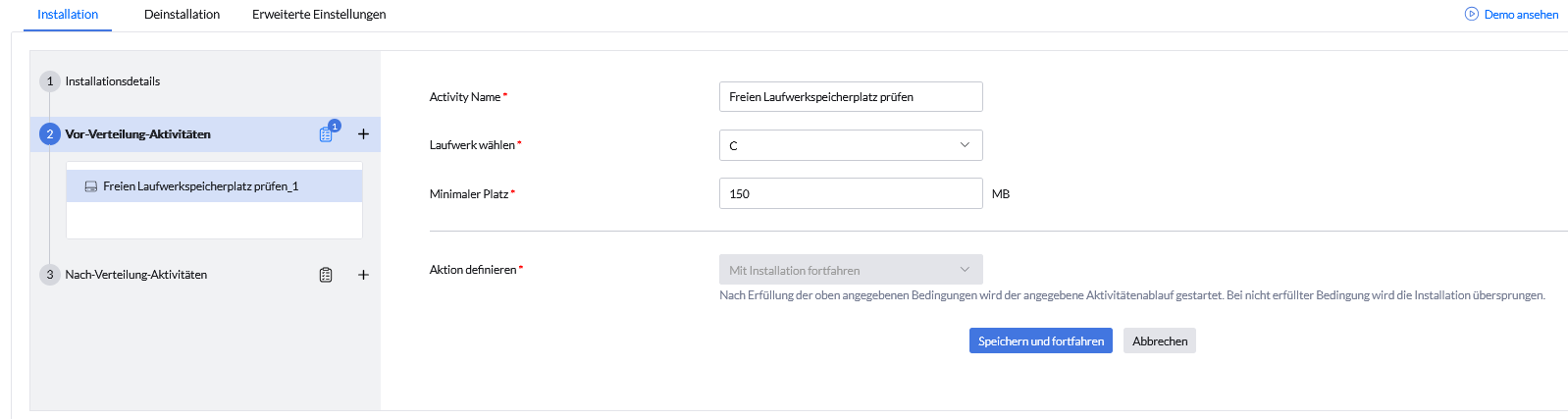 Screenshot Endpoint Central: Vor-Verteilungs-Aktion „Speicherplatz prüfen“ 