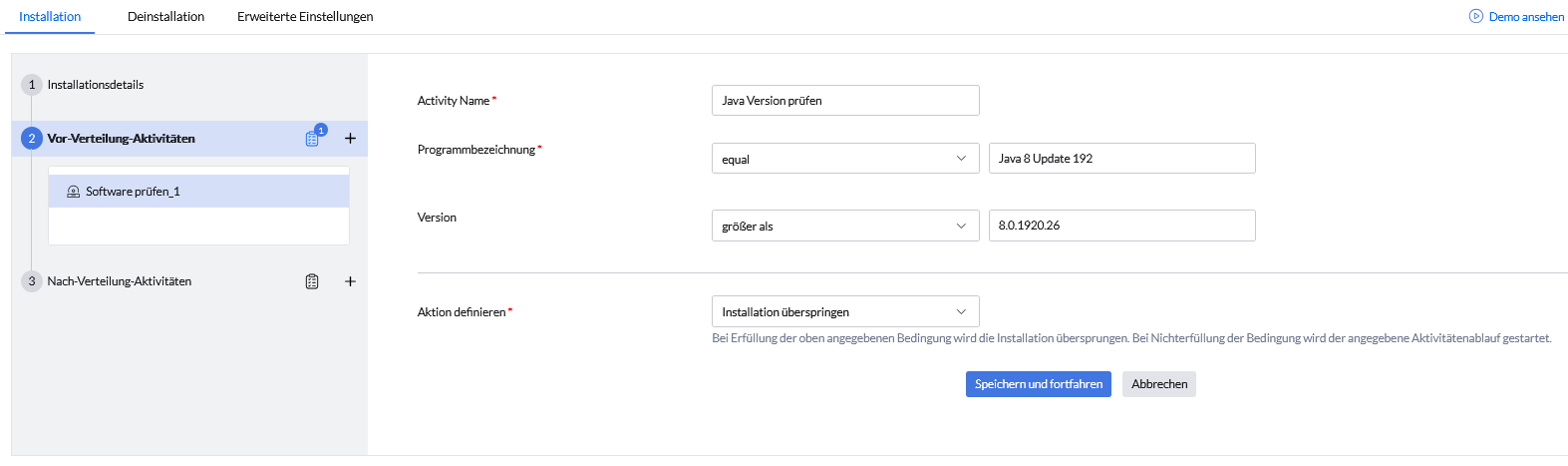 Screenshot Endpoint Central: Vor-Verteilungs-Aktion „Software-Versionen prüfen“ 