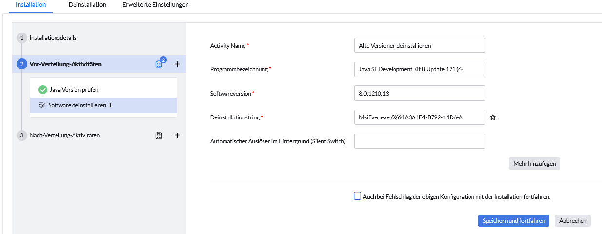 Screenshot Endpoint Central: Vor-Verteilungs-Aktion „Vorhandene Versionen deinstallieren“  