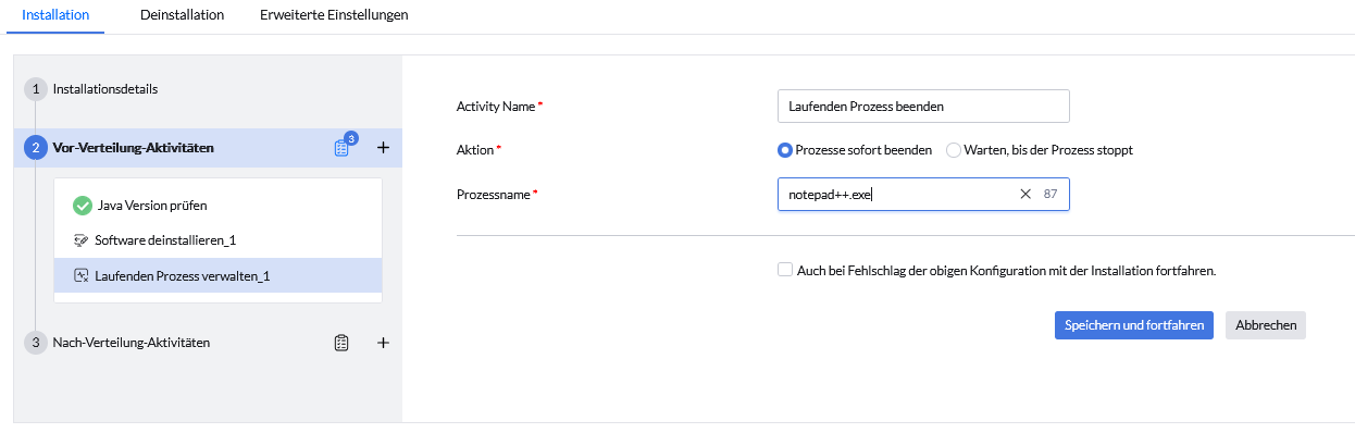 Screenshot Endpoint Central: Vor-Verteilungs-Aktion „Prozesse beenden“  