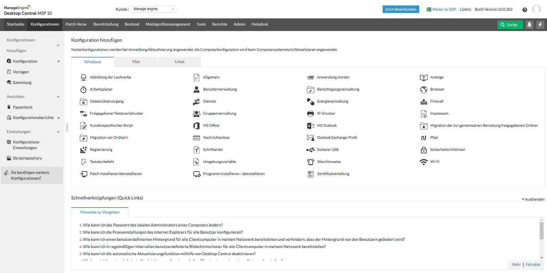 Screenshot Endpoint Central MSP: verfügbare Konfigurationsvorlagen