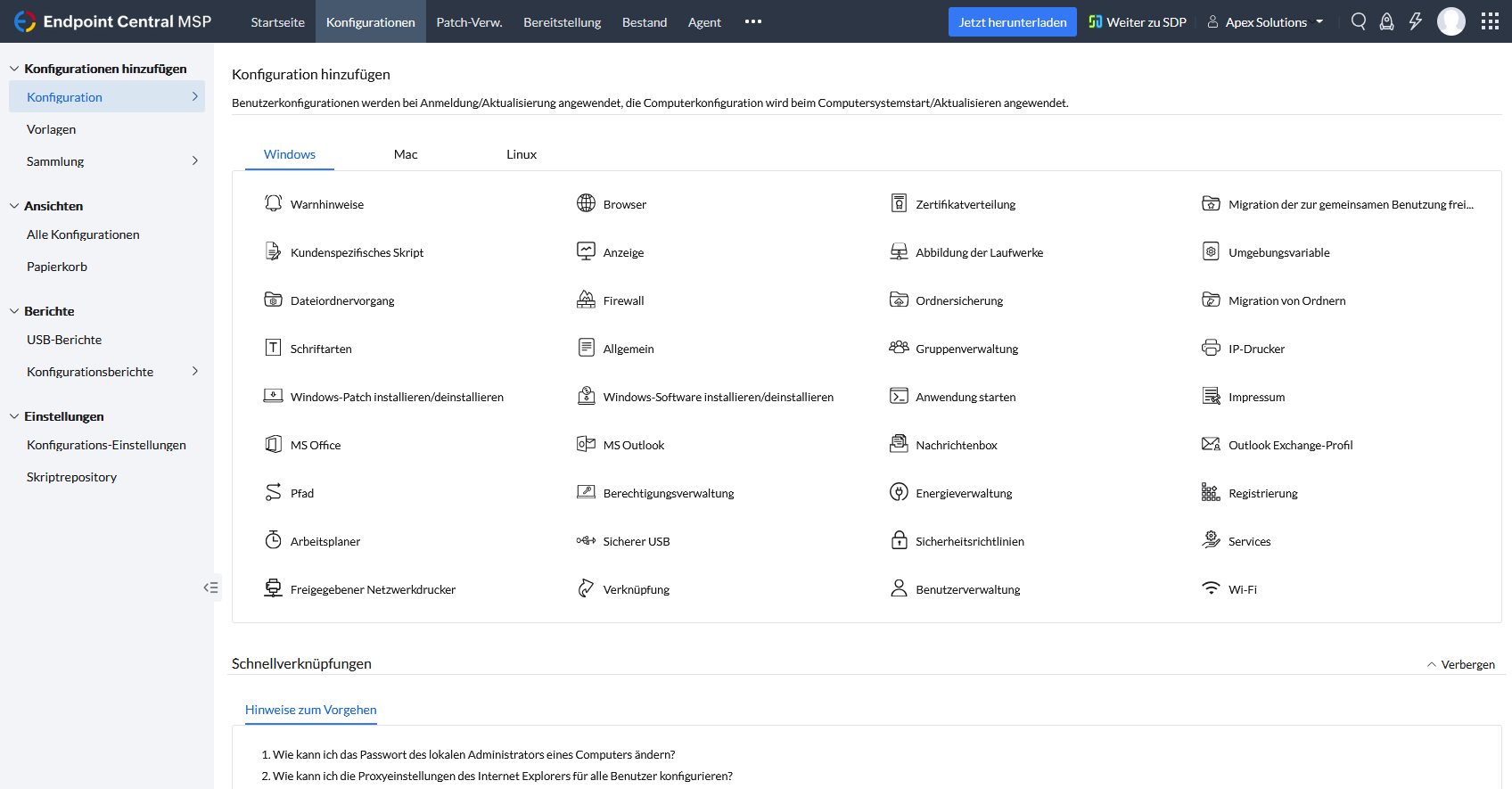 Screenshot Endpoint Central MSP: verfügbare Konfigurationsvorlagen