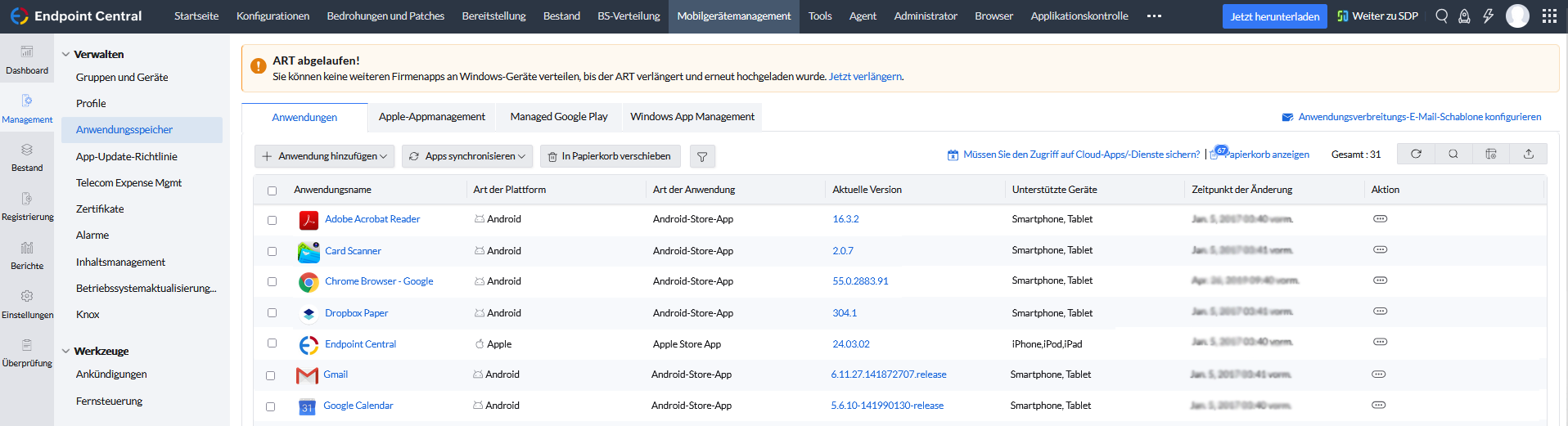 Screenshot Endpoint Central: Apps mobiler Geräte verwalten
