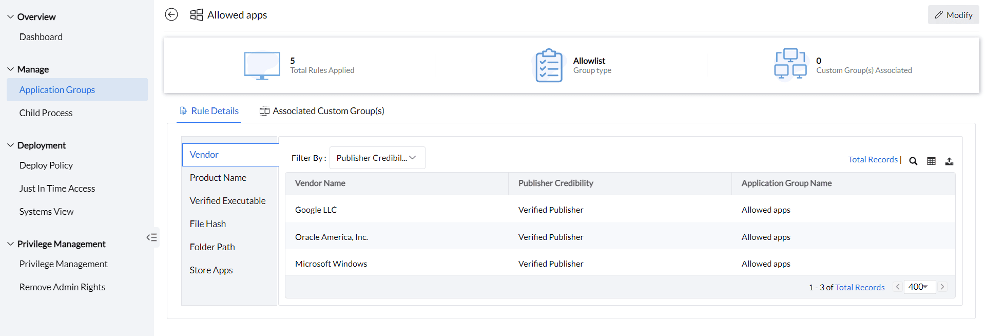 Screenshot Endpoint Central: Application Group Summary