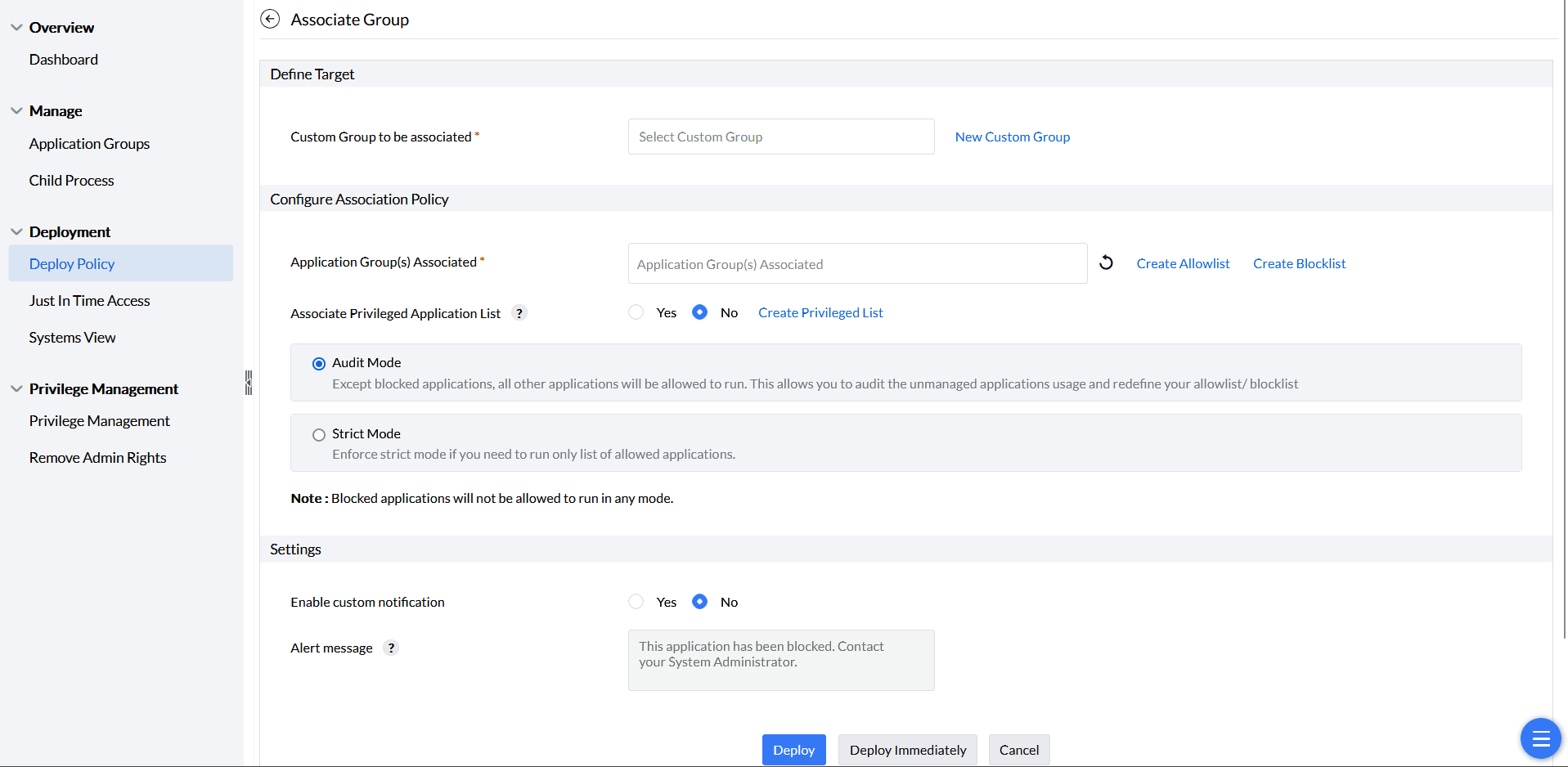 Screenshot Endpoint Central: Application Group verknuepfen