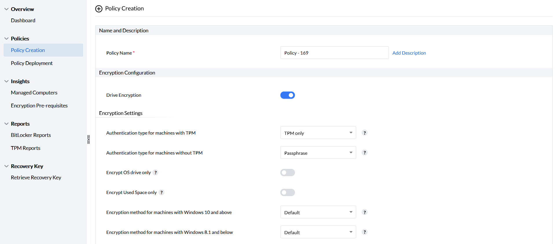 Screenshot Endpoint Central: BitLocker-Richtlinie anlegen
