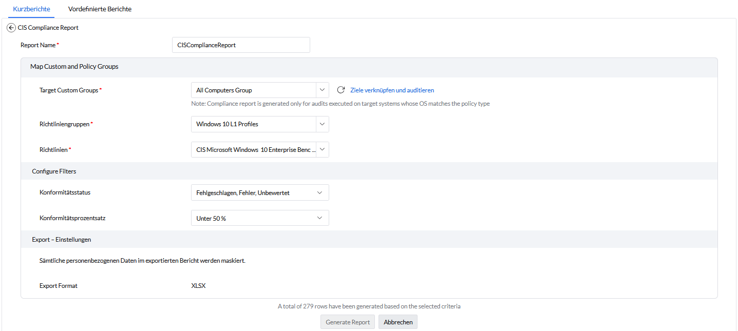 Screenshot Endpoint Central: CIS Compliance Report 