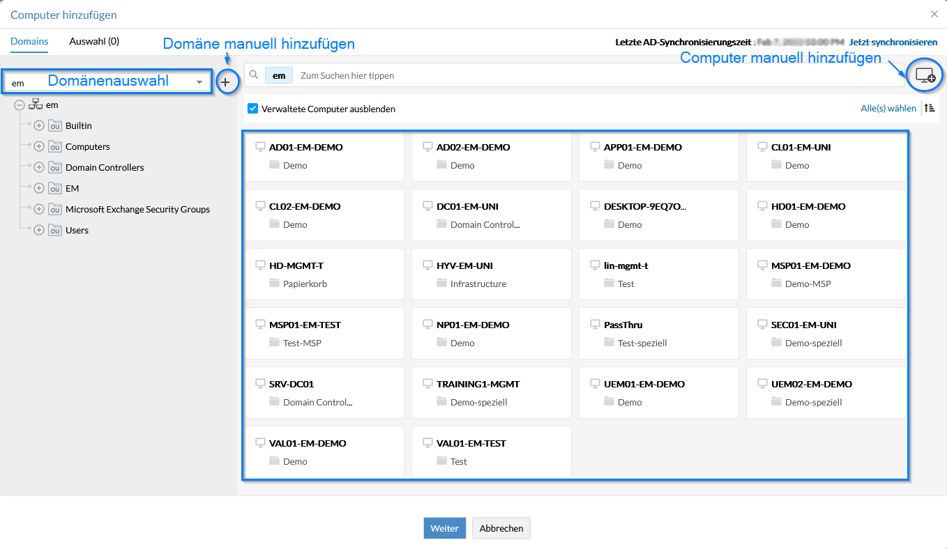 Screenshot Endpoint Central: Computer hinzufügen