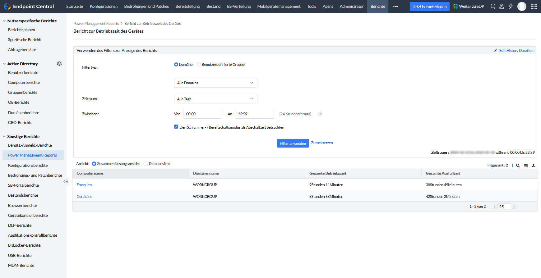 Screenshot Endpoint Central: Energie-Management-Einstellungen