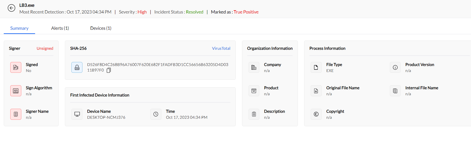 Screenshot Endpoint Central: Incident Summary