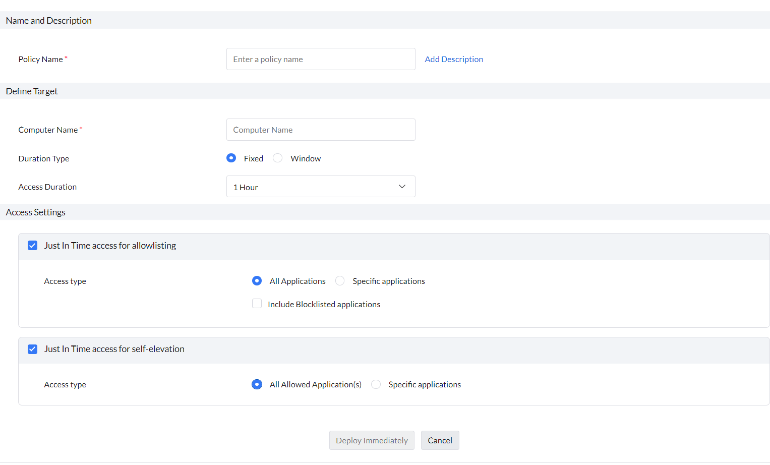 Screenshot Endpoint Central: Just-In-Time Access konfigurieren