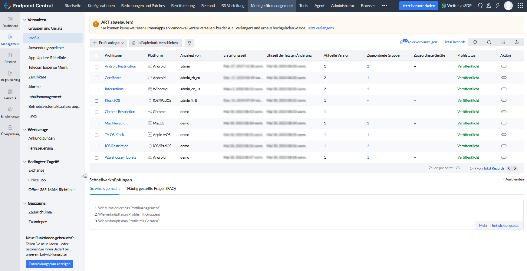 Screenshot Endpoint Central: Profil-Management für mobile Geraete