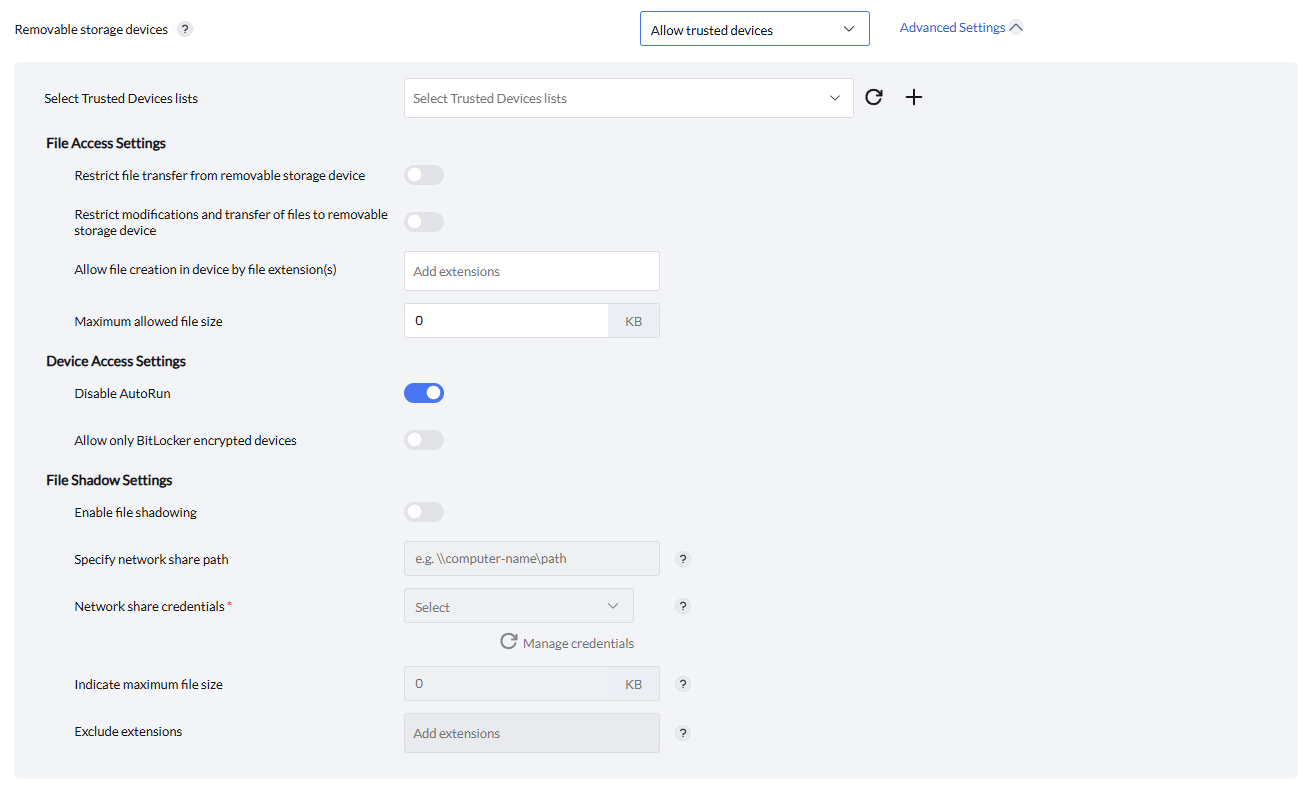 Screenshot Endpoint Central: Nutzungsregeln für USB-Speichermedien