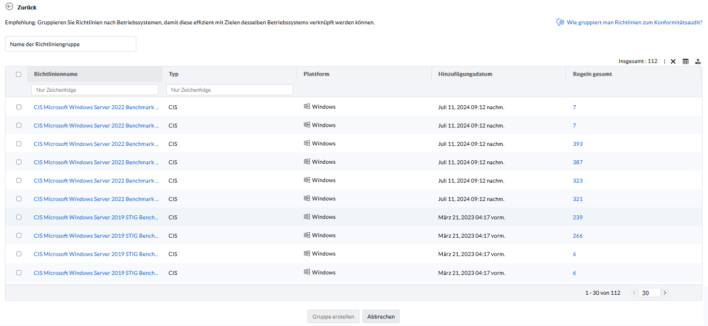 Screenshot Endpoint Central: Richtliniengruppe erstellen 