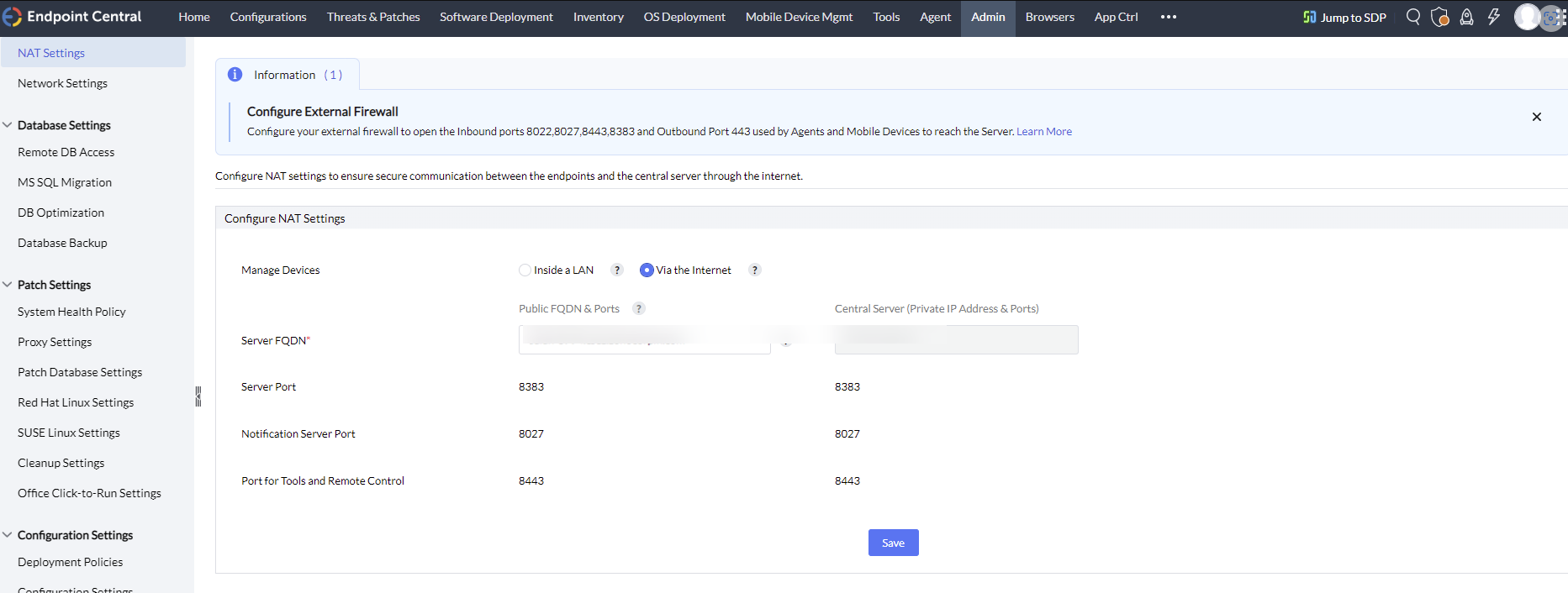 Screenshot Endpoint Central: NAT-Einstellungen Secure Gateway Server