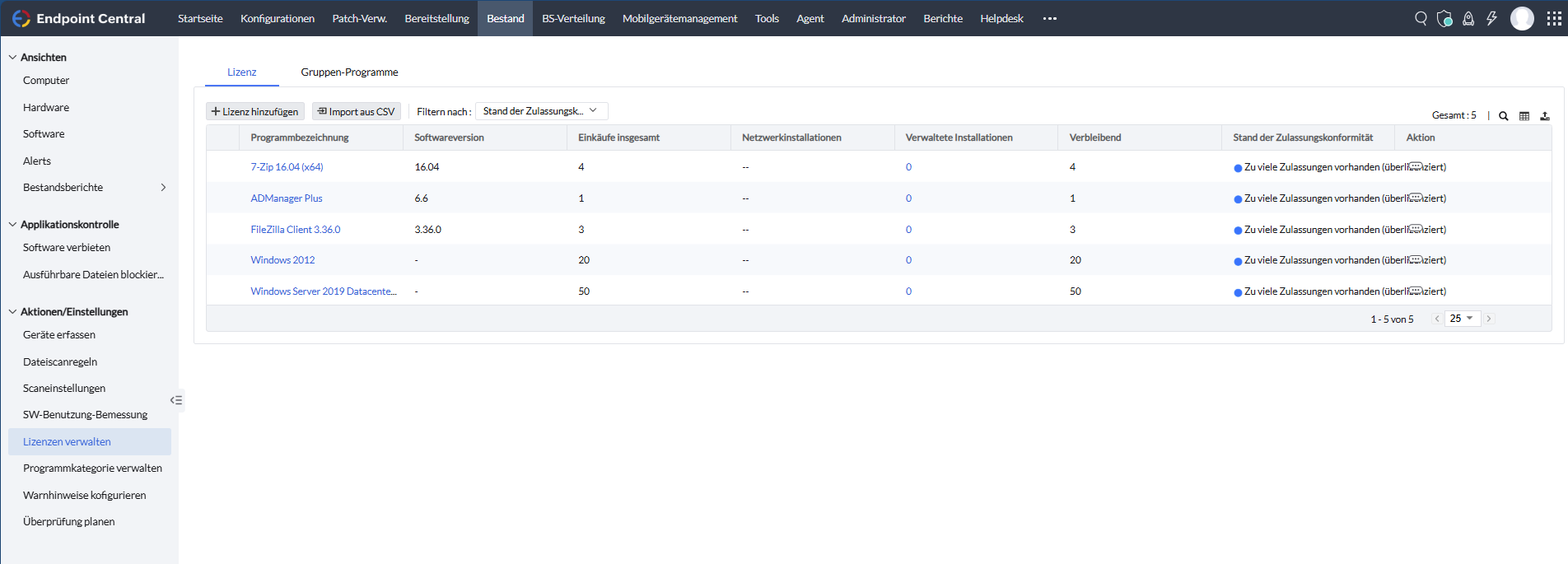 Screenshot Endpoint Central: Software-Lizenzen verwalten 