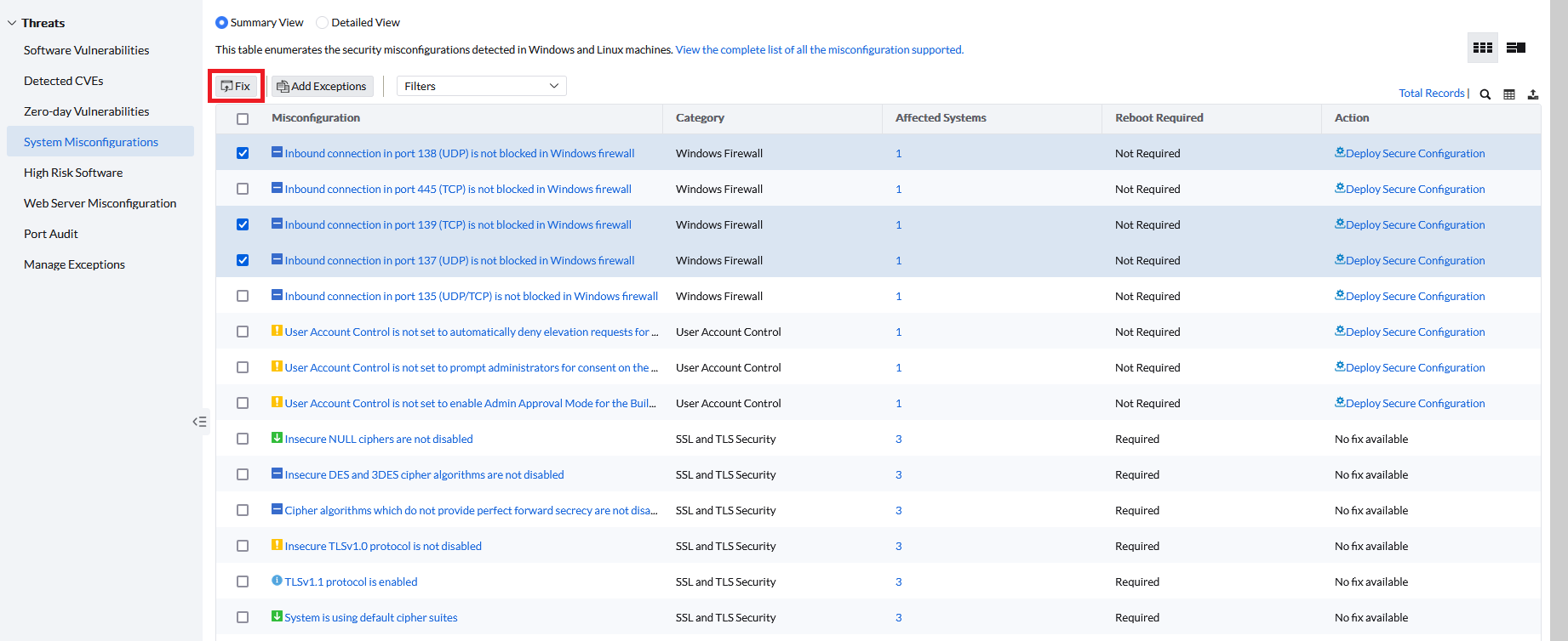 Screenshot Endpoint Central: Fehlkonfigurationen in Endpoint Central 