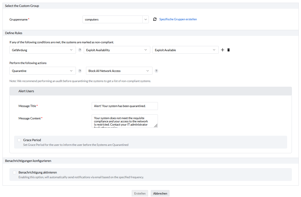 Screenshot Endpoint Central: System Quarantine Policy 