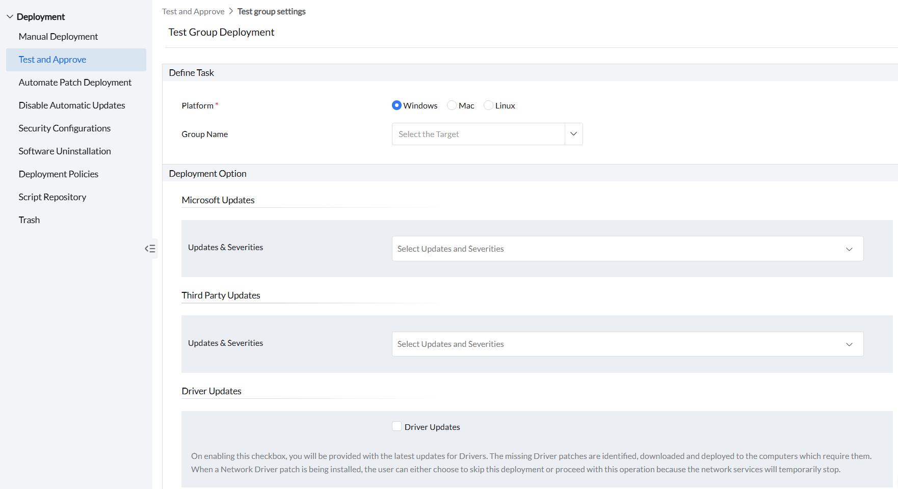 Screenshot Endpoint Central: Deployment Options für Patch-Tests festlegen