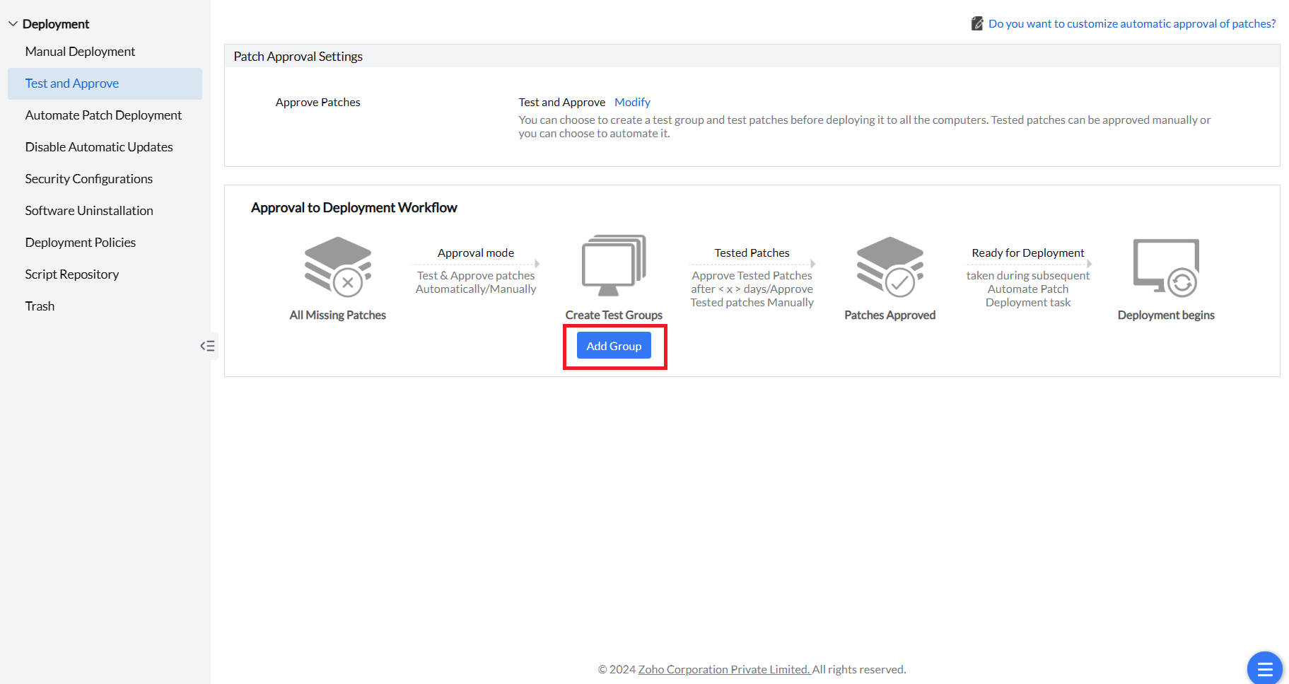 Screenshot Endpoint Central: Testgruppe für Patch-Tests anlegen