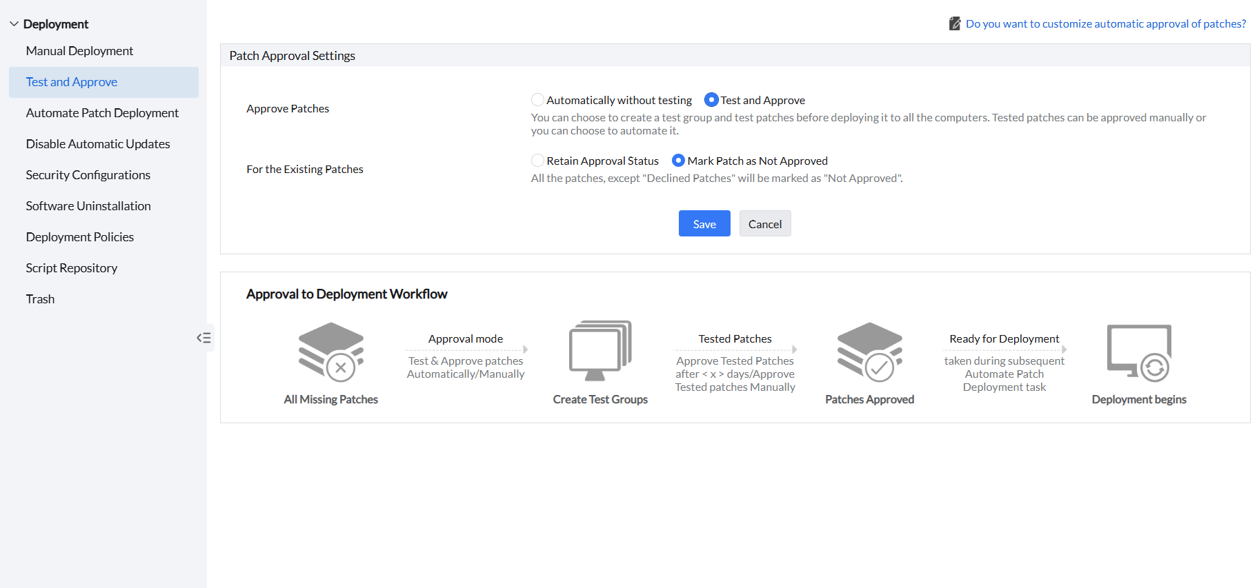 Screenshot Endpoint Central: Test-and-Approve-Modus aktivieren 