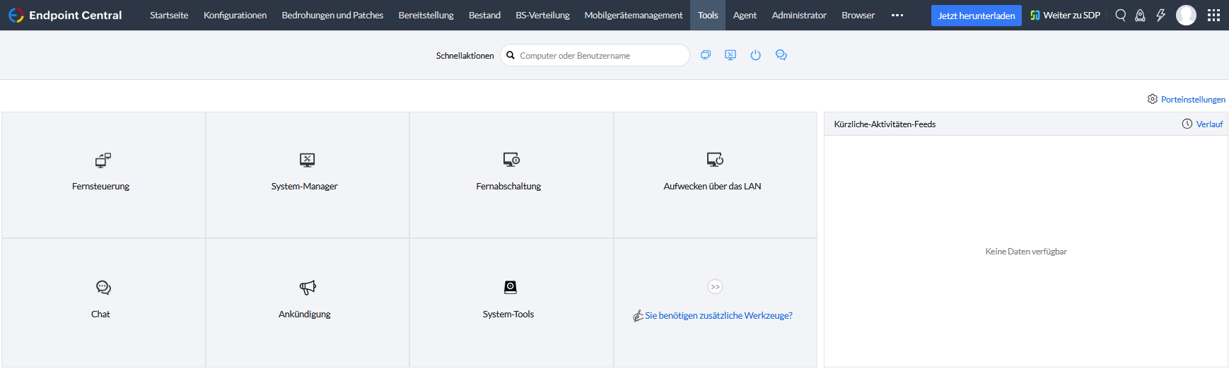 Screenshot Endpoint Central: Über Remote Desktop Sharing mit entfernten Rechnern verbinden