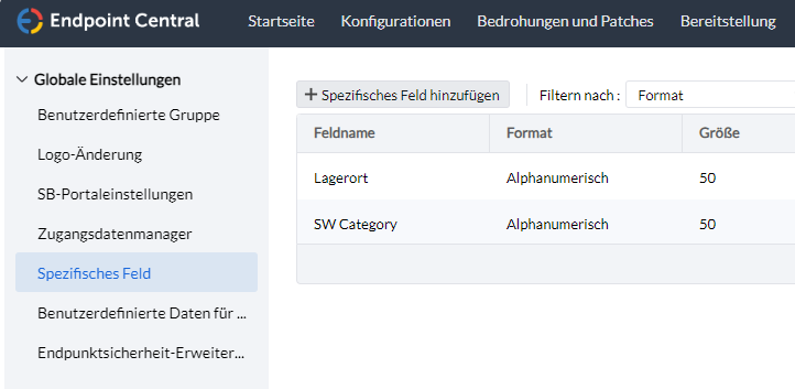Screenshot Endpoint Central: Eigene Felder ergänzen 