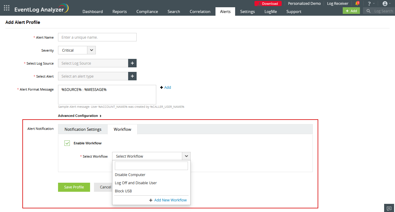 Screenshot EventLog Analyzer: Alert Profile