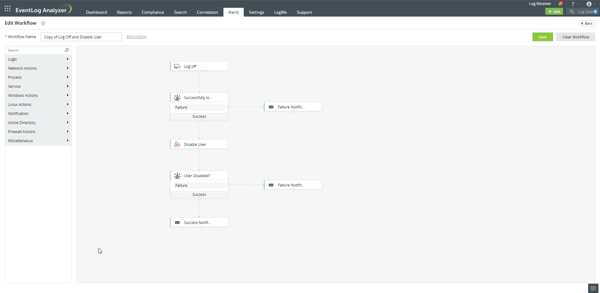 Screenshot EventLog Analyzer: Workflow Builder