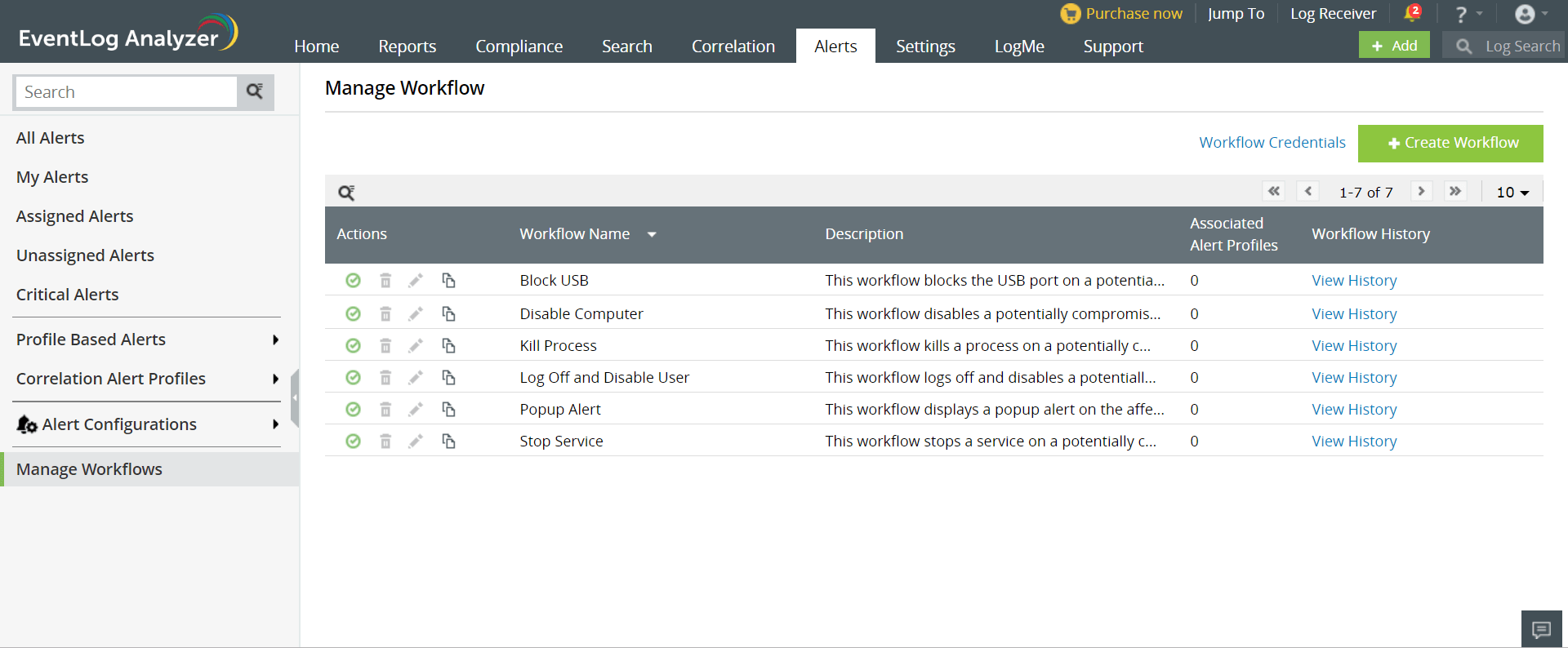 Screenshot EventLog Analyzer: Vorkonfigurierte Workflows