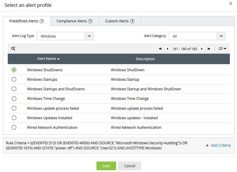 Screenshot EventLog Analyzer: Alarm zu Windows ShutDowns