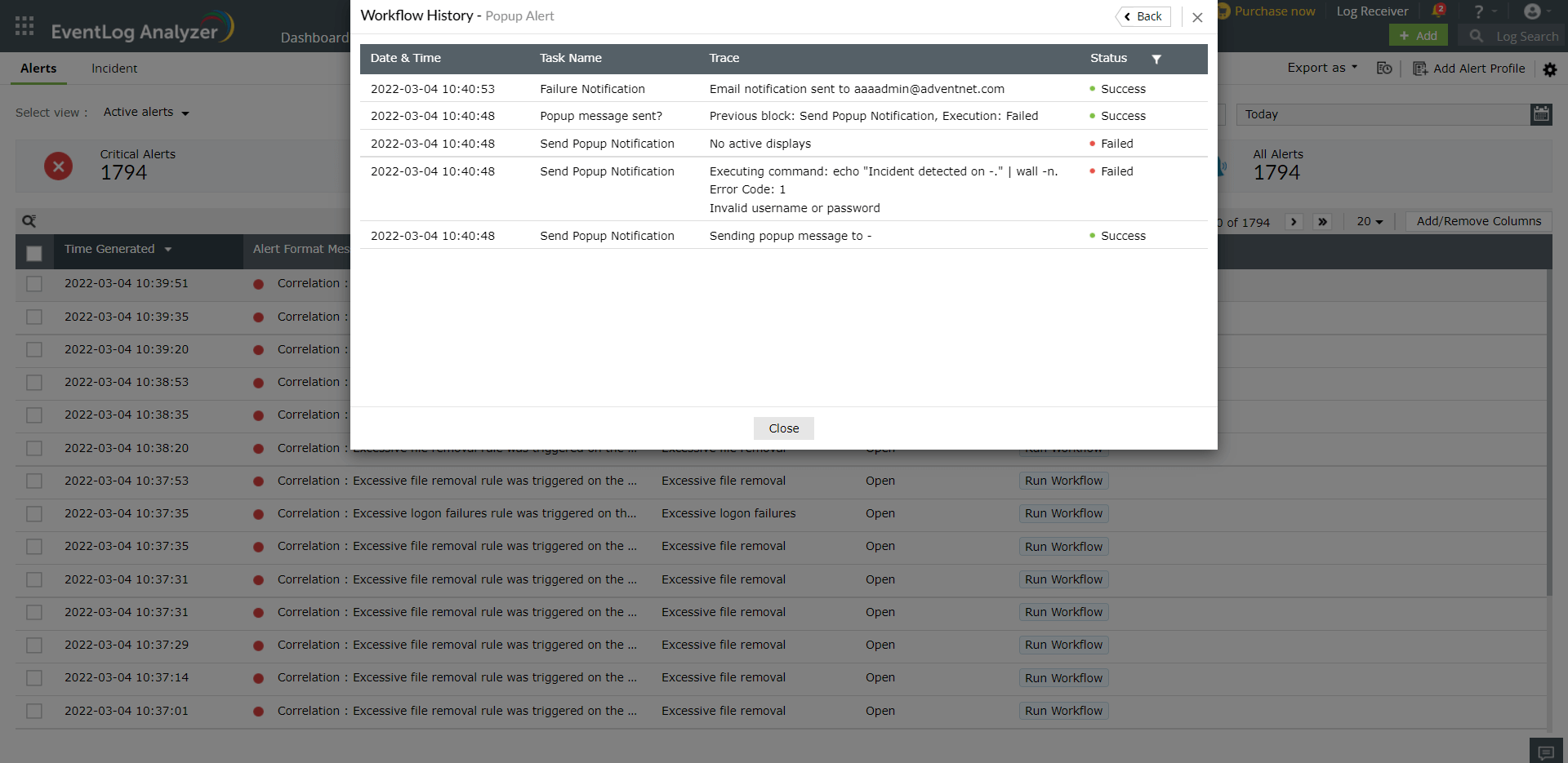 Screenshot EventLog Analyzer: Workflow History