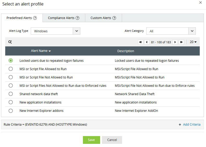 Screenshot EventLog Analyzer: Locked Users Alarm