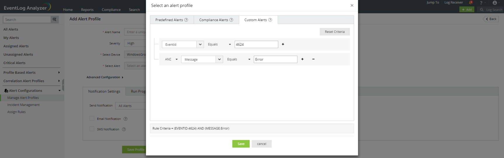 Screenshot EventLog Analyzer: Eigene Benachrichtigungsprofile erstellen und hinterlegen