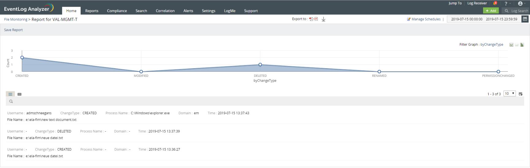 Screenshot EventLog Analyzer: Datei-Integrität überwachen