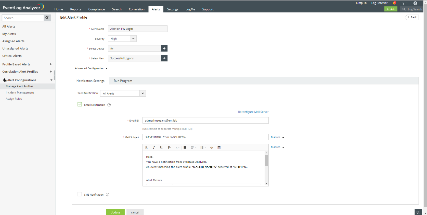 Screenshot EventLog Analyzer: Einstellungen für den Versand von Alarmen per E-Mail oder SMS vornehmen