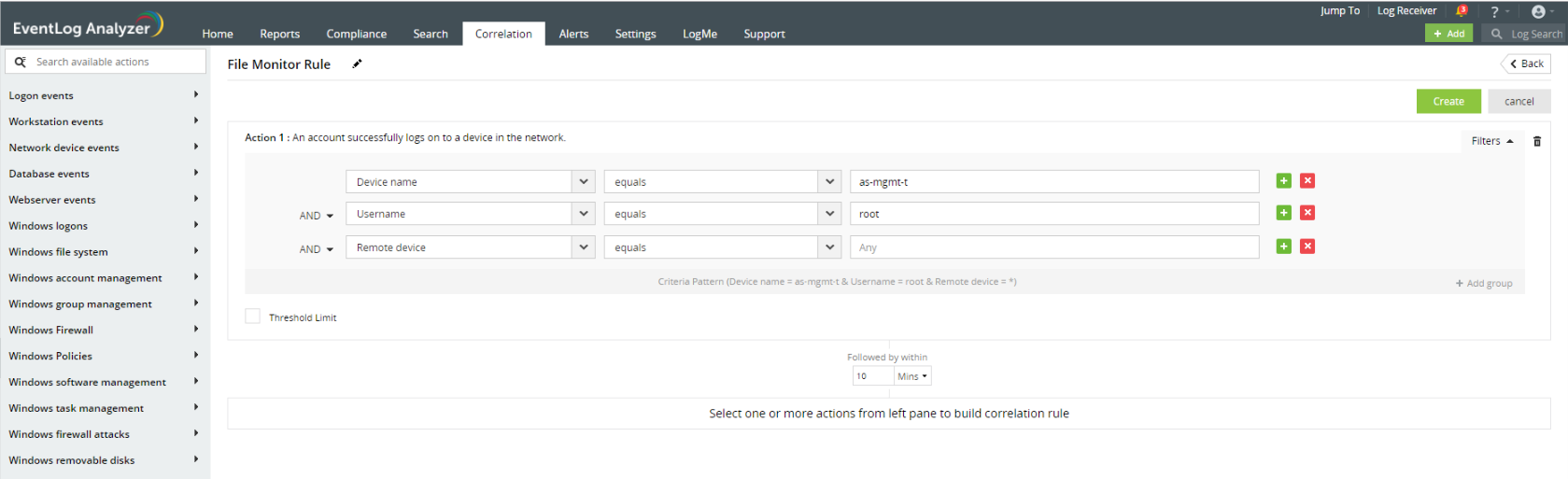 Screenshot EventLog Analyzer: Events korrelieren