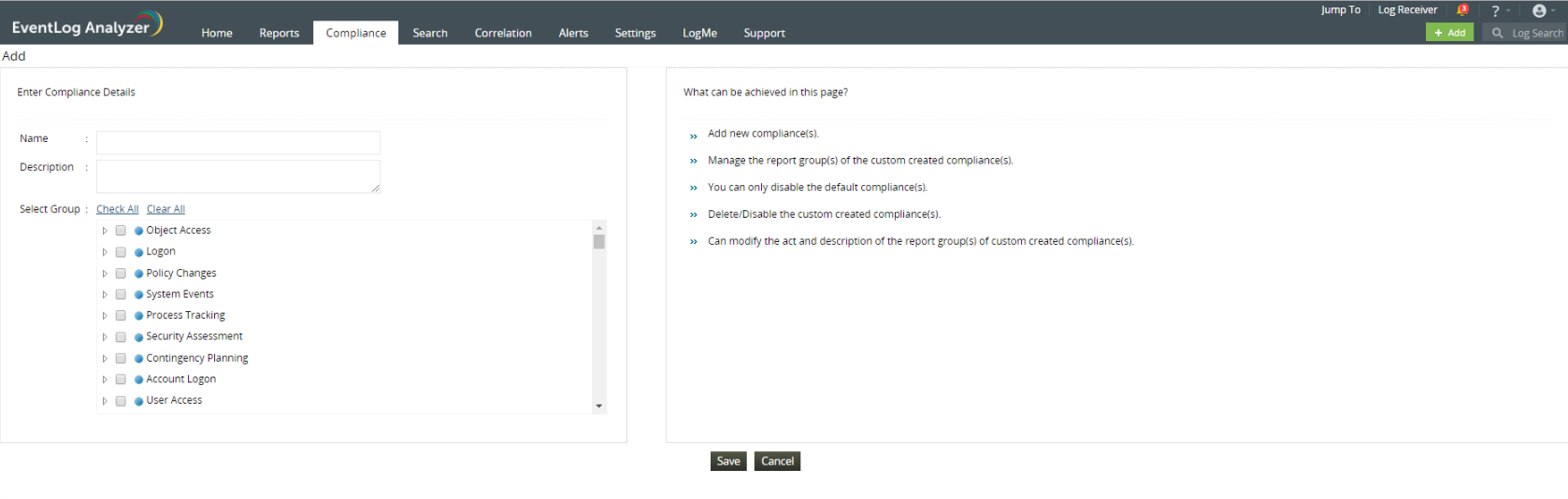 Screenshot EventLog Analyzer: Neue Compliance-Vorlage anlegen
