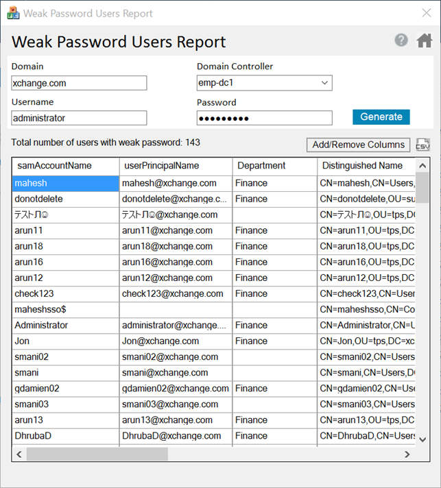 Screenshot Free AD Tools: Bericht Benutzer mit schwachen Passwörtern