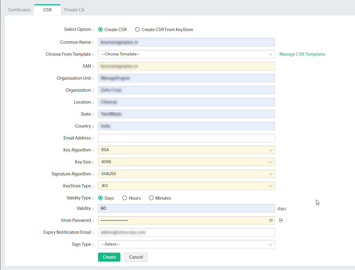 Screenshot Key Manager Plus: Certificate Signing Request erstellen