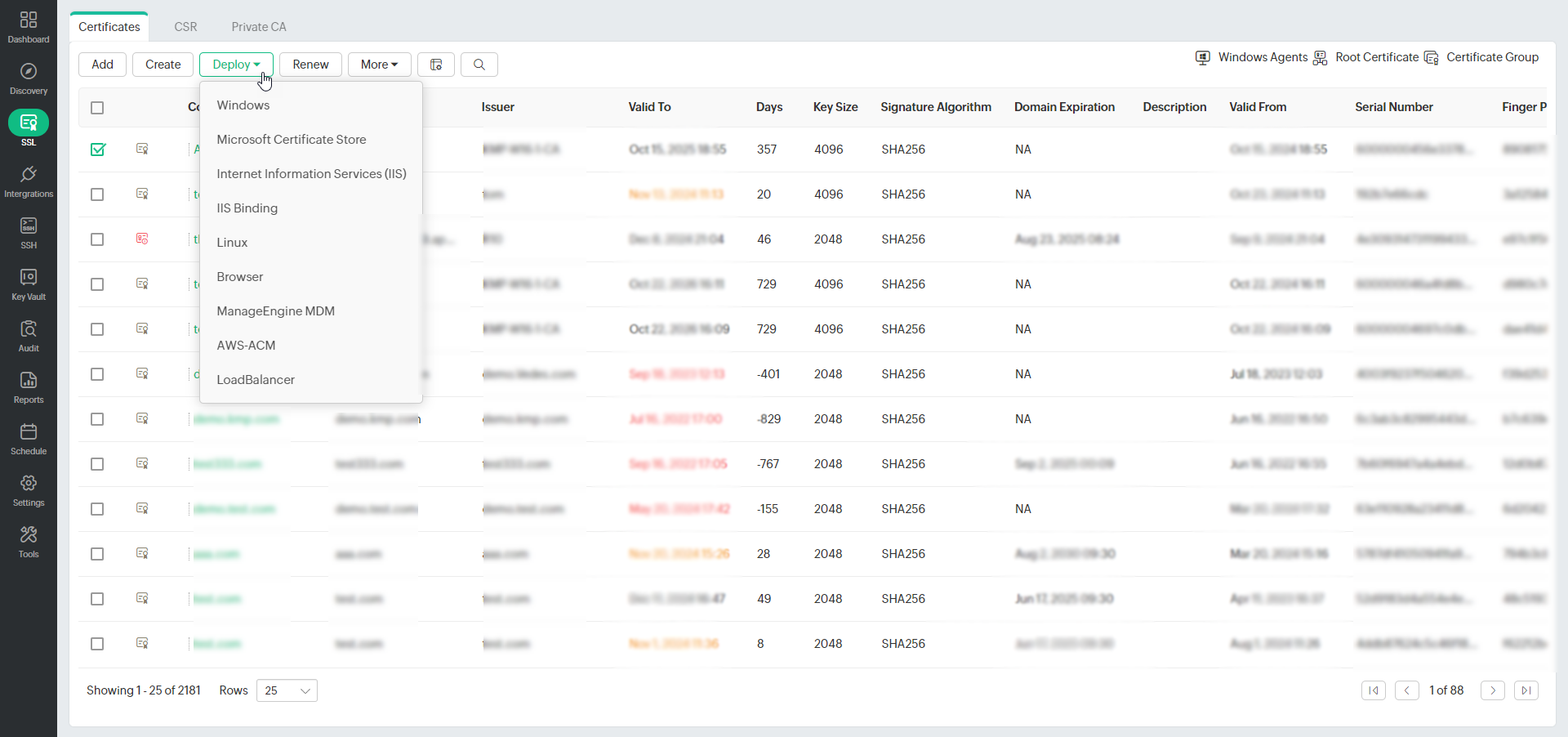 Screenshot Key Manager Plus: SSL-Zertifikat bereitstellen