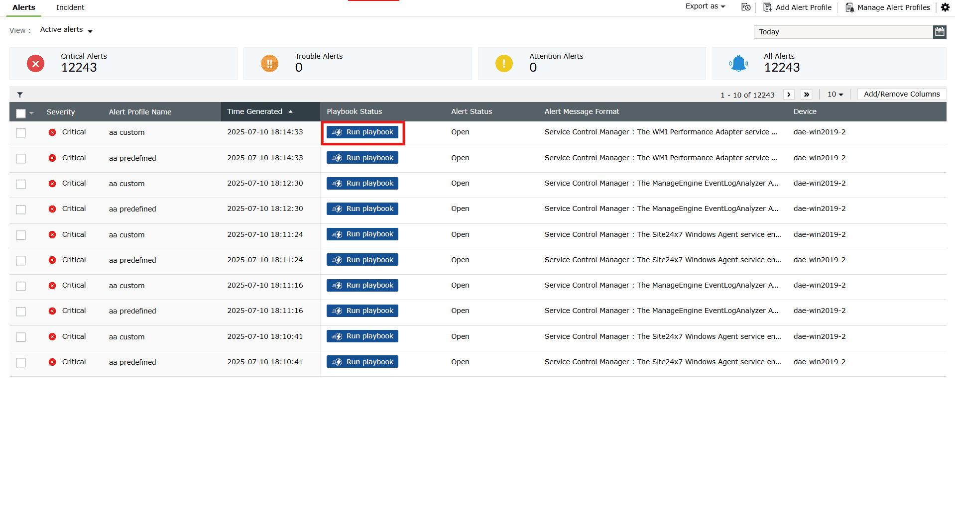 Screenshot Log360: Automatische Reaktion auf Alarme mit Playbooks 