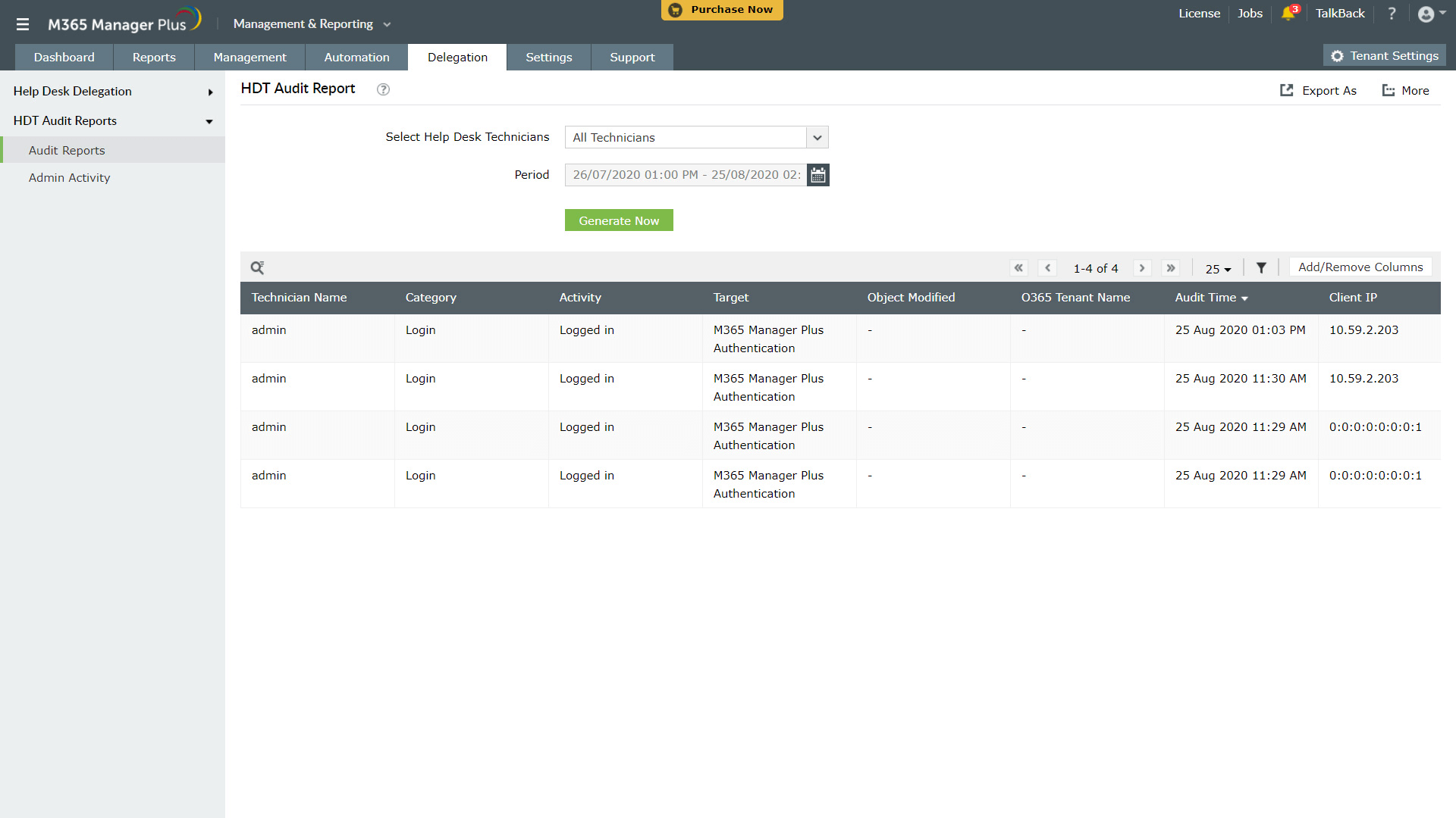 Screenshot M365 Manager Plus: HDT Audit Reports