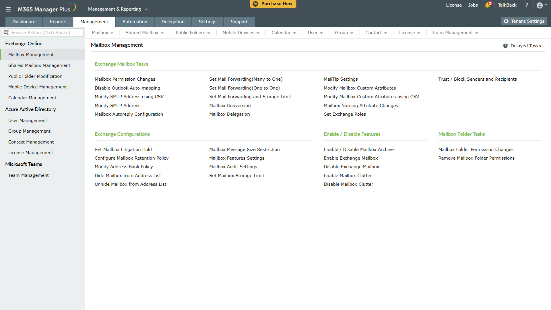 Screenshot M365 Manager Plus: Mailbox Management